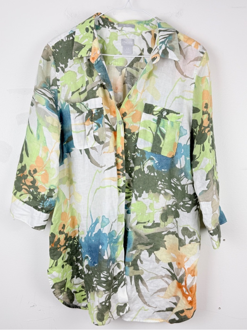 Chico’s Floral Linen Button Front Blouse Coastal Grandmother Resort Size 14